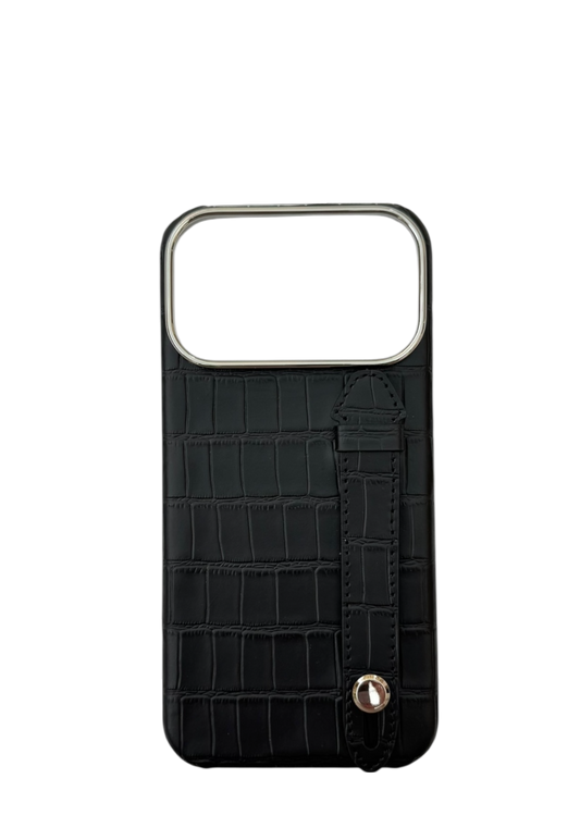 Black Embossed Crocodile Leather Strap Case